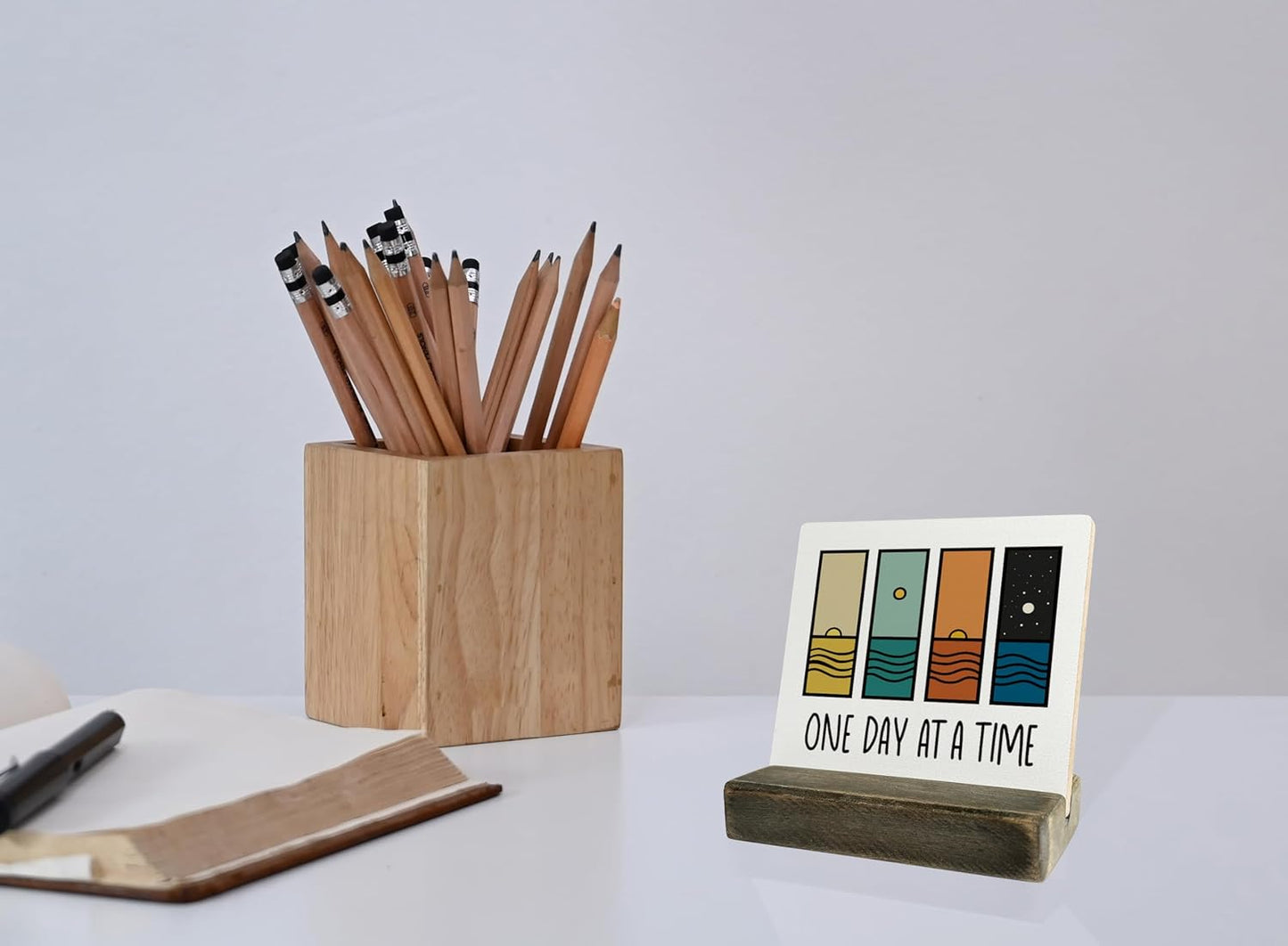 Primitive Wooden Sign, One Day at A Time, Desk Plaque with Wooden Stand 4 x 4.3 inches, Modern Decoration, Farmhouse Table Plaque Signs, Rustic Home Decor Plaque, Inspirational Sign, Uplifting Gift A