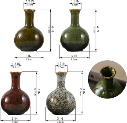 JOJUNO Glazed Rustic Bud Vase Set of 4 - Small Ceramic Mini Pottery Vases in White, Yellow, Green, Red - Ideal for Fresh & Dried Flowers - Modern Farmhouse Décor for Living Room, Shelves, Dining Table