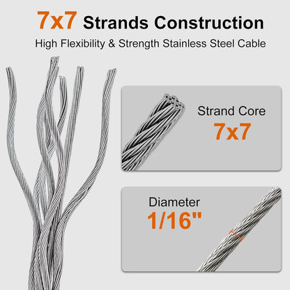 100FT 1/16" Wire Rope Kit, 7x7 Marine Stainless Steel Strand Core, T316 Strength for Hanging, Aircraft, Yard, Garden, Deck Railing, Trellis Wire with Crimping Sleeves, Thimbles, Cable Cutter