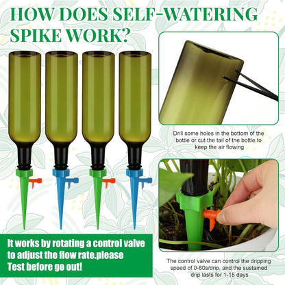 8 Set Plant Watering Devices with Self Watering Spikes and 26 oz Plastic Bottles Plant Waterer Devices with Adjustable Control Valve Switch Indoor Outdoor (Green)
