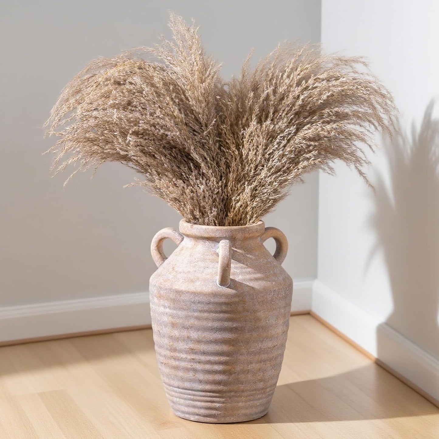 Vintage Terracotta Ceramic Vase with Handles, Rustic Beige Pottery Tulip Vase for Cottage Core Home Mantle Decor, Farmhouse Table Centerpieces, Large Bulk Flower Vases Jarrones Decorativos para Sala