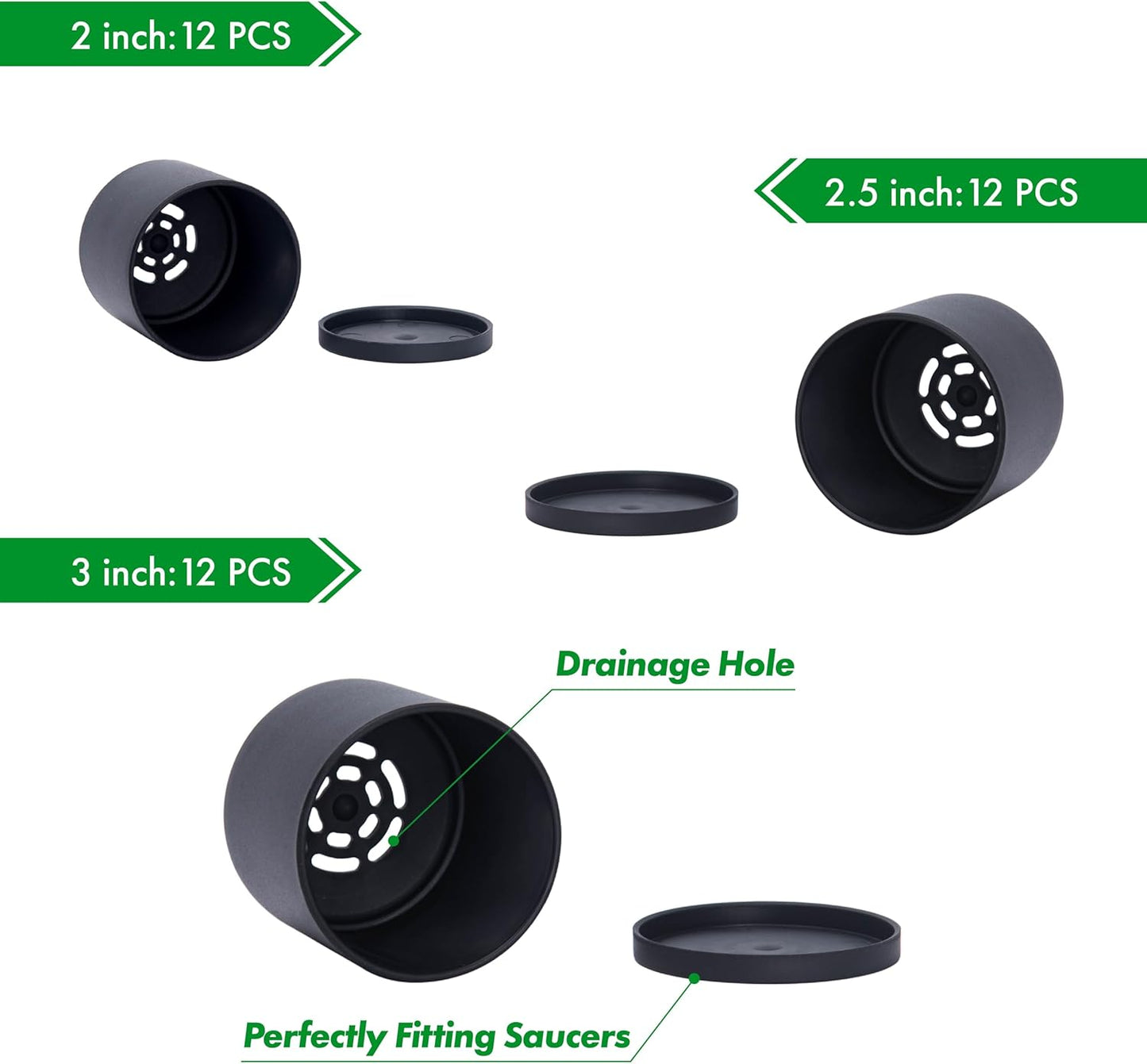 D'vine Dev Pack of 36 Plastic Plant Pots (12 Set of 2 Inch, 2.5 Inch, 3 Inch) Small Garden Planter Pots for Plant with Drainage Holes and Saucers, Black, 74-T-B