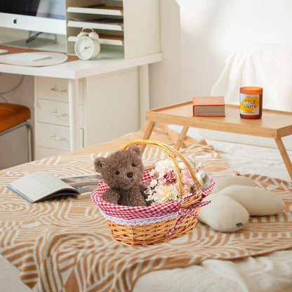 2 Pack 12.6 Inch Natural Wicker Basket with Checkered Lining, Oval Wicker Woven Basket with Handle, Willow Woven Picnic Baskets for Picnic, Camping, Party(Small)