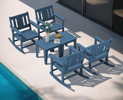 SERWALL Outdoor Rocking Bistro Set, HDPE Patio Furniture Set, Porch Rocking Chair Set with Table for Backyard, Balcony, and Garden- Blue