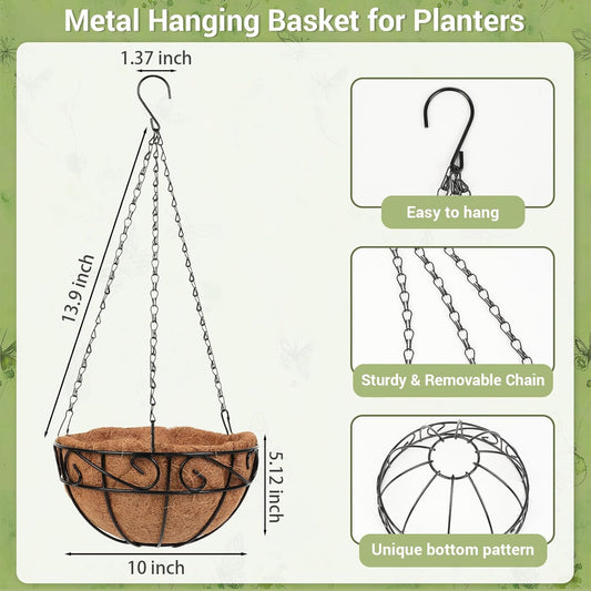 2 Pack 10 inch Metal Hanging Baskets for Plants Outdoor, Hanging Planters Basket with Coco Liners, Hanging Baskets Flower Pots for Garden, Patio, Deck, Porch Plants