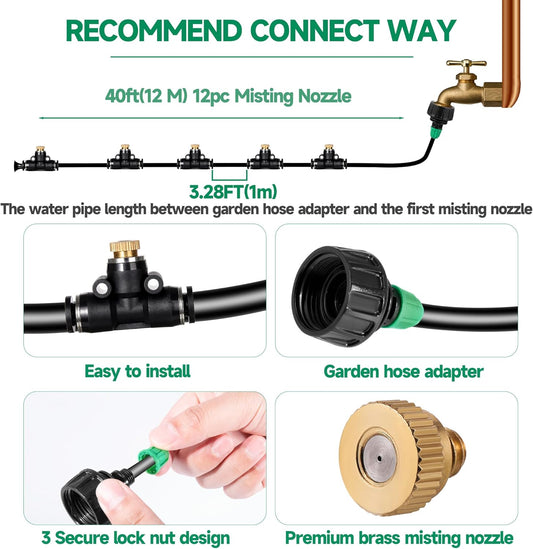 Misters for Outside Patio, Misting Cooling System Anti Leak, 40FT (12M) Misting Line with 12 Brass Mist Nozzles and Adapter(3/4"), DIY Water Misters for Garden Greenhouse Fan BBQ Party Pool