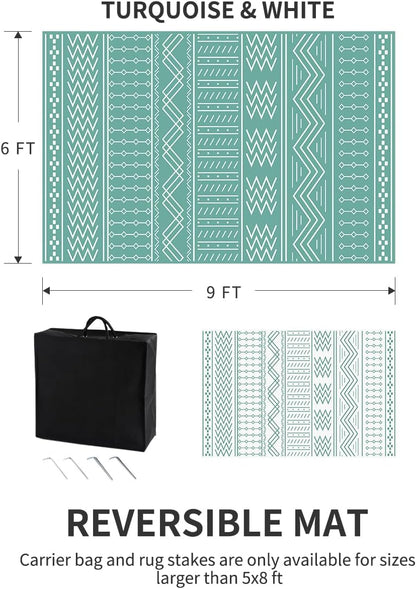 Outdoor Rug Carpet Waterproof 6x9 ft Patio Rug Mat Indoor Outdoor Area Rug for RV Camping Picnic Reversible Lightweight Plastic Straw Outside Rug for Patio Decor Decoration Boho Rug Turquoise White