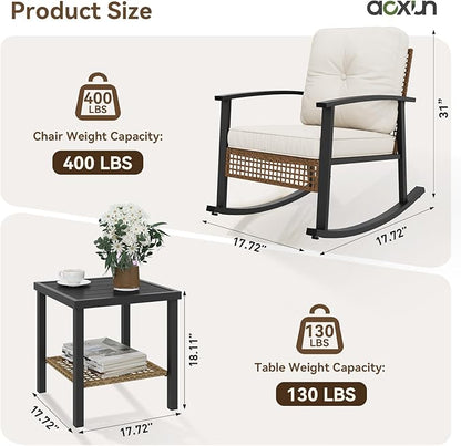 Aoxun 3-Piece Outdoor Rocking Bistro Set, Patio Furniture Set with Coffee Table and Thick Cushions, Wicker Rocking Chairs Set of 2 for Garden, Balcony, Backyard, Poolside (Beige)