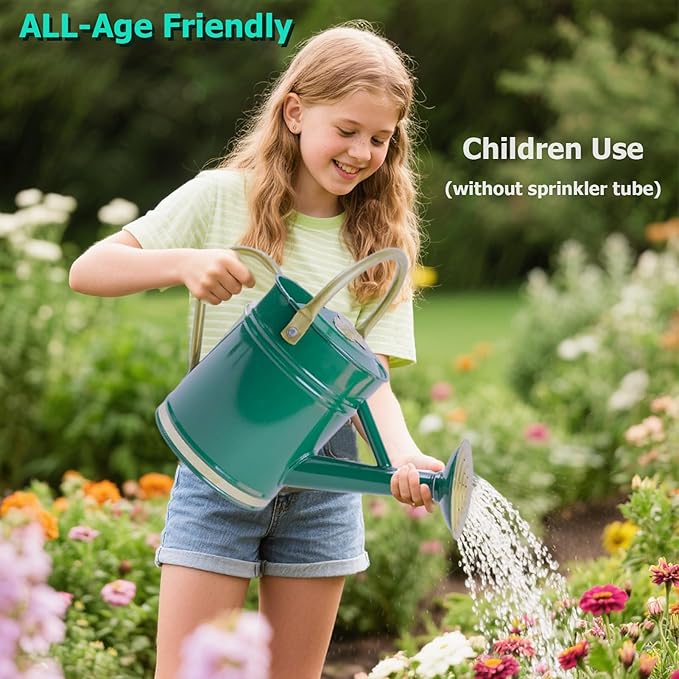 1 Gallon Galvanized Metal Watering Can with Solid Brass Sprout, Handle & Base Trim - Genuine Forged Copper Joints for Indoor/Outdoor Plants, Garden, Balcony for Kids and Adults (Emerald Brass)
