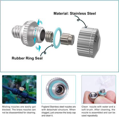 Fogland Misting Nozzles for Cooling System:20pcs Clogging-Prevent Cleanable Stainless Steel Mist Nozzles 0.016" Orifice 10/24 UNC for Patio Garden Trampoline