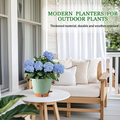 2 Pack 8 Inch Pots for Plants Indoor, Plastic Self Watering Planters with Drainage Holes, Water Level Indicator & Deep Reservoir, Decorative Flower Pots Indoor Outdoor Use (Green