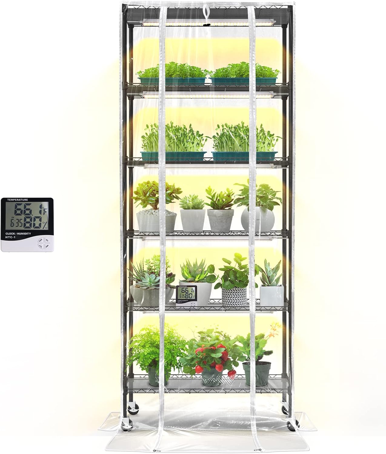Plant Shelf with Grow Light, Grow Light Shelf with Cover and Thermometer, 6 Tier Plant Stand with Grow Light , Greenhouse with 150W Led Grow Light For Seed Starting , Tray (29.5"L×13.8"W×70"H)
