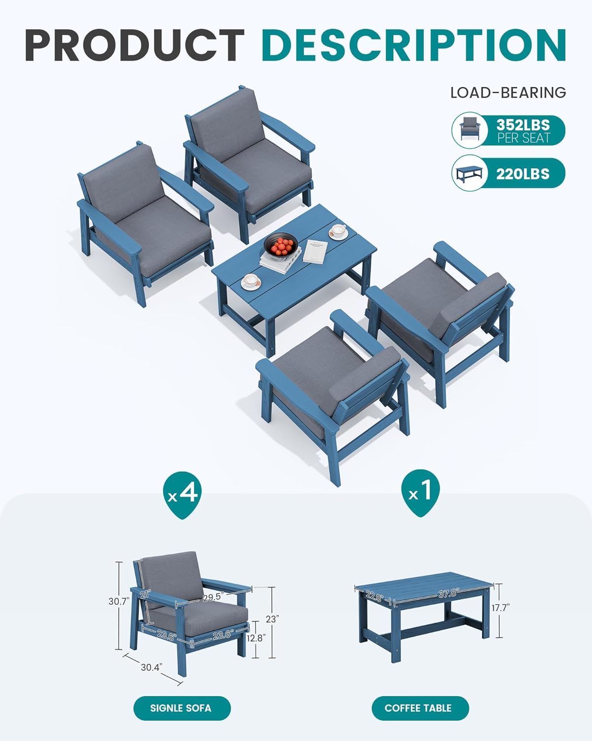 SERWALL Outdoor Patio Furniture Set, 5 Piece HDPE Patio Conversation Sets, All-Weather Wood-Like Outdoor Couch Loveseat and Coffee Table with Thick Cushions for Porch Balcony Garden Backyard