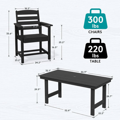 SERWALL Patio Dining Table Sets 5-Piece, Outdoor HDPE Dining Furniture Set with Umbrella Hole Cut-Out Table and 4 Chairs, All Weather Dining Set for Lawn, Garden, Backyard, Poolside, Black