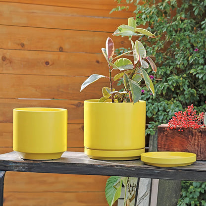 Ceramic Mid Modern Planter Pots with Detached Saucer - Indoor/Outdoor Plant Pots with Drainage Hole