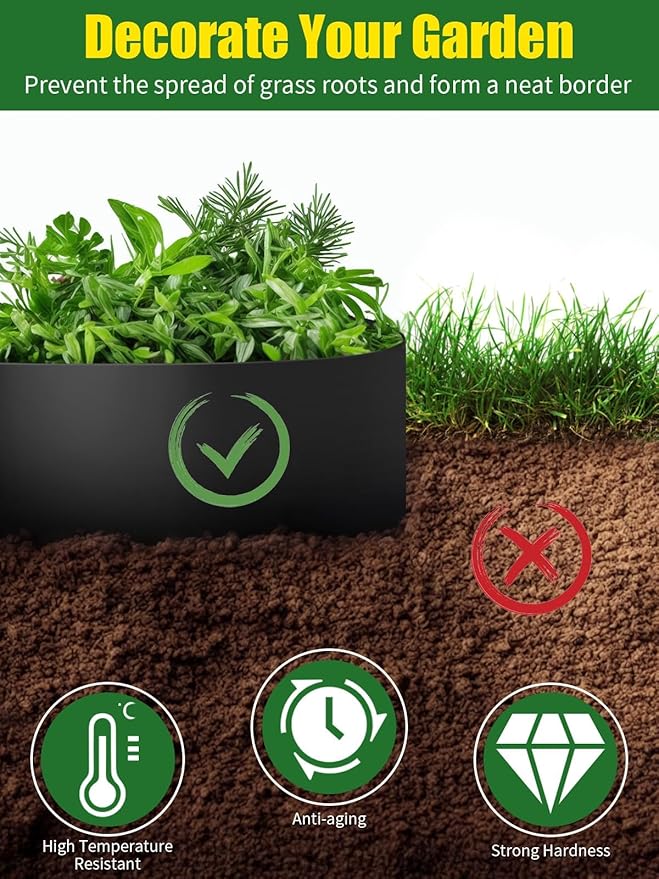 Kalolary Landscape Edging, 100FT x 4 Inch Tall Plastic Garden Lawn Edging Border with 100 L Spikes, 9 Connector for Landscaping Garden, Flower Beds (Black)