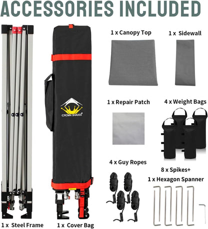 CROWN SHADES 12x12 Pop Up Canopy Tent Instant Commercial with 150D Silver Coated Fabric Including 1 Removable Sidewall, 4 Ropes, 8 Stakes, Weight Bags, STO 'N Go Bag, Grid Grey