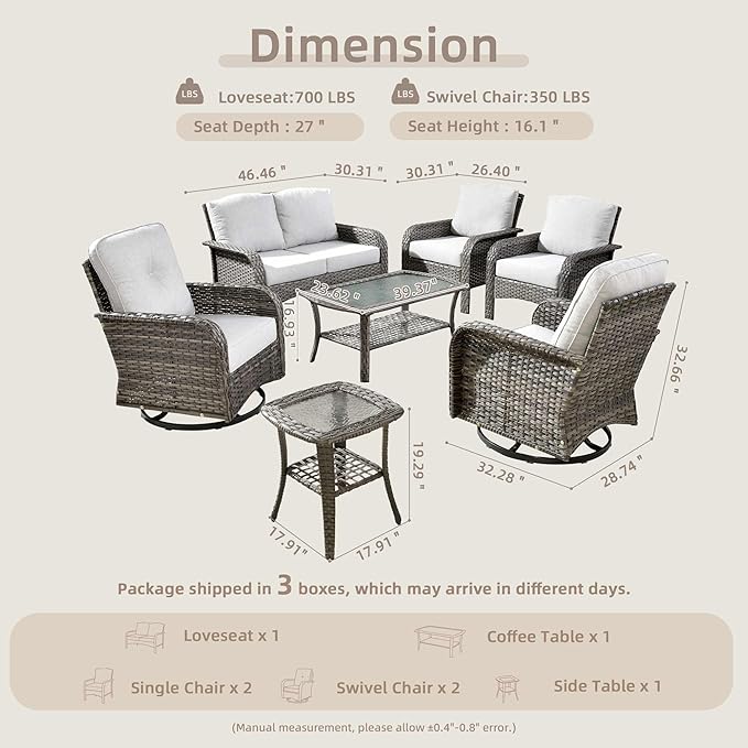 7-Piece Wicker Patio Furniture Set, All-Weather Rattan Conversation Bistro Loveseat Chair and Patio Rockers Set for Backyard, Balcony and Deck with Soft Cushions and Metal Table(Grey)