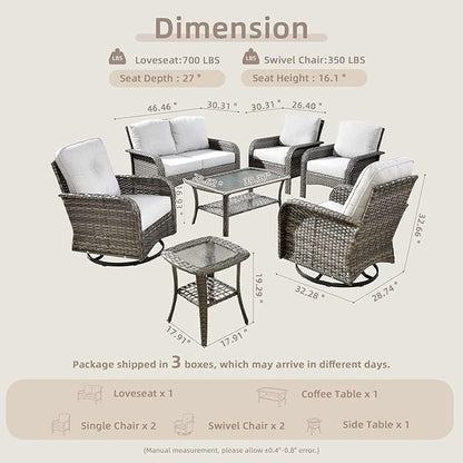 7-Piece Wicker Patio Furniture Set, All-Weather Rattan Conversation Bistro Loveseat Chair and Patio Rockers Set for Backyard, Balcony and Deck with Soft Cushions and Metal Table(Grey)