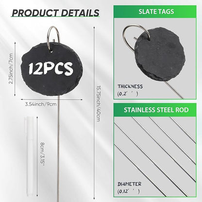 12 Sets Plant Labels Slate Plant Tags Garden Sign Marker Weatherproof Reusable Natural Slate Garden Sign Hanging Tag with Metal Stake and Pen for Outdoor Flower Vegetable(Oval)