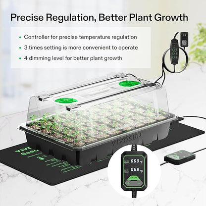 VIVOSUN 1-Pack 40-Cell Seed Starter Trays with 1 Set of LED Lights and 10"x20.75" Seedling Heat Mat, 3.6" Higher Cover, Adjustable Vents, Drainage Holes, Green Propagation Tray for Planting Seeds