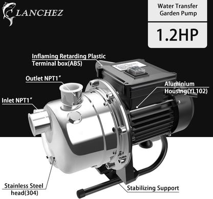 LANCHEZ 1/2 HP Shallow Well Garden Pump, Portable Stainless Steel Water Transfer Draining Irrigation Pump for Lawn Fountain, 960 GPH, 125 Feet Height