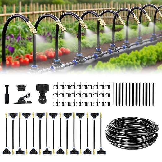 Automatic Drip Irrigation Kit - 50FT with Tool-Free Quick Connectors, 15 Copper Atomizing Nozzles & 360° Bendable Spray for Garden, Greenhouse, Lawn, Plants