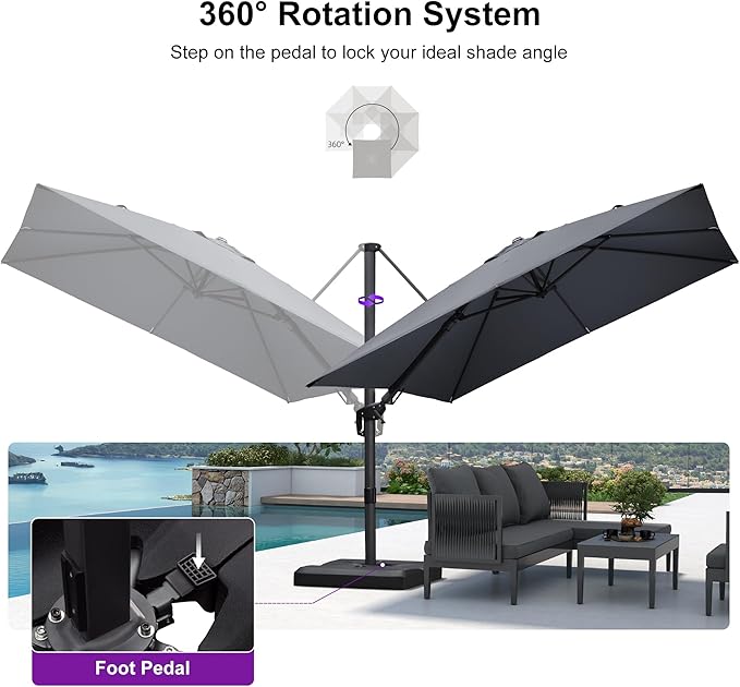 PURPLE LEAF 9.8' X 9.8' Left-right Tilting Patio Umbrella Outdoor Cantilever Swivel Square Umbrella Aluminum Offset Umbrella with 360-degree Rotation for Garden Deck Pool Patio Light Grey