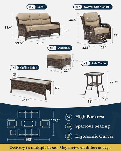 HILLGA Luxury Patio Furniture Set with 6-inch Thick Cushion, Outdoor Couch and High Back Swivel Rocker Patio Chairs, 8PCS Wicker Conversation Set for Deck Yard and Poolside, Beige (V2)