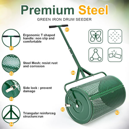 Hiboom 36 Inch Compost Spreader, Peat Moss Spreader, Manure Roller with Adjustable T Shaped Handle, Lightweight Metal Mesh for Lawn Garden Spreading Manure Topsoil (Green)