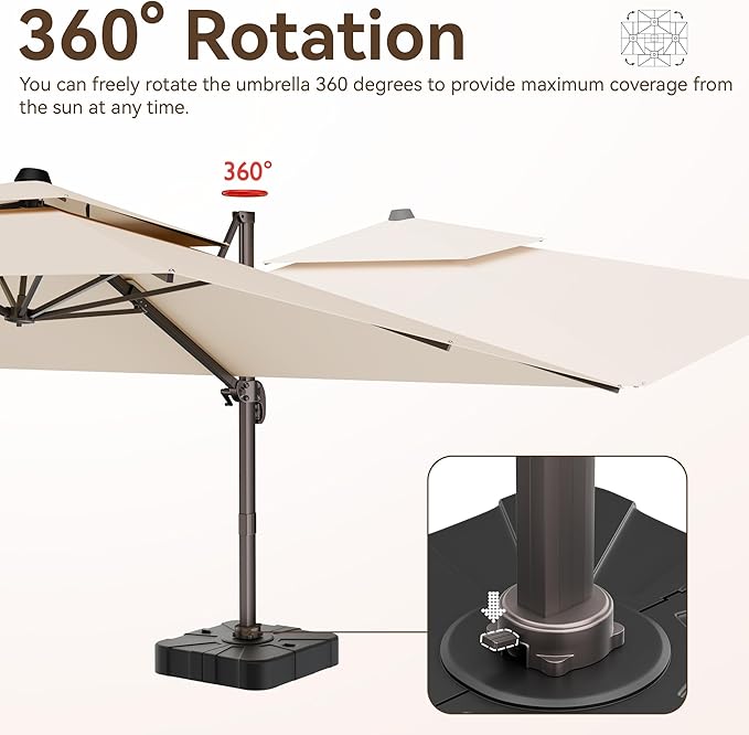 9x12 FT Patio Umbrella with base, Large Cantilever Rectangular Double Top Heavy Duty Offset Umbrellas with 360° Rotation, Outdoor shade for Garden Deck Pool, Beige
