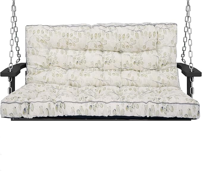 Swing Replacement Cushions with Backrest, 2 or 3 Seater Waterproof Non-Slip Overstuffed Swing Pad, Outdoor Bench Cushion for Porch Chair Swings Garden Furniture (White Leaves, 40 * 63 in)