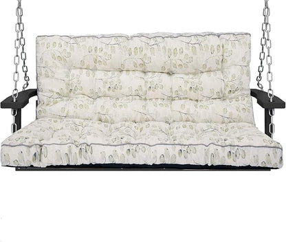 Swing Replacement Cushions with Backrest, 2 or 3 Seater Waterproof Non-Slip Overstuffed Swing Pad, Outdoor Bench Cushion for Porch Chair Swings Garden Furniture (White Leaves, 40 * 63 in)