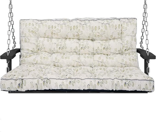 Swing Replacement Cushions with Backrest, 2 or 3 Seater Waterproof Non-Slip Overstuffed Swing Pad, Outdoor Bench Cushion for Porch Chair Swings Garden Furniture (White Leaves, 40 * 63 in)