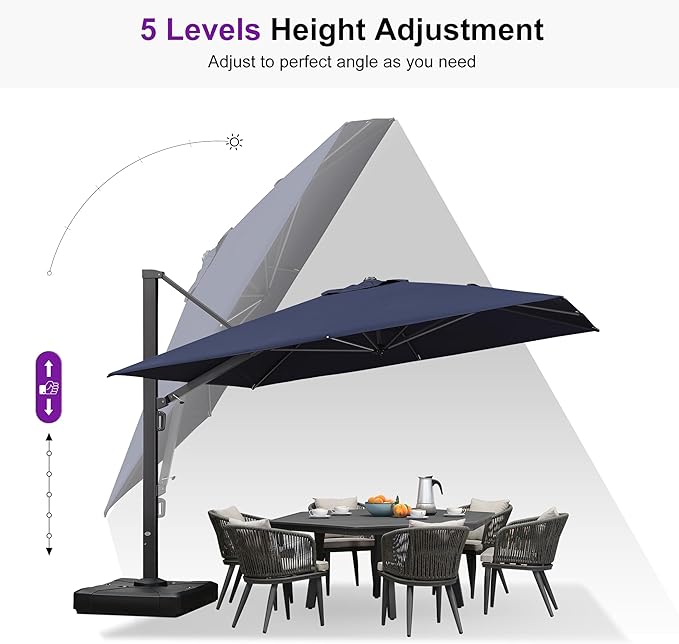 PURPLE LEAF 11 FT Square Patio Umbrella Large Cantilever Outdoor Aluminum Offset Umbrella with 360-degree Rotation for Garden Deck Backyard Pool, Navy Blue