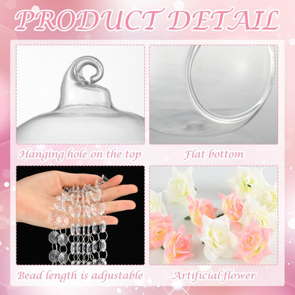 24 Sets Hanging Glass Candle Holder Wedding Glass Globe with Acrylic Gems Bead Garland Tea Light Holder Orbs Container for Flower Plants Micro Landscape DIY Xmas Tree Party Decoration 2.36 Inch