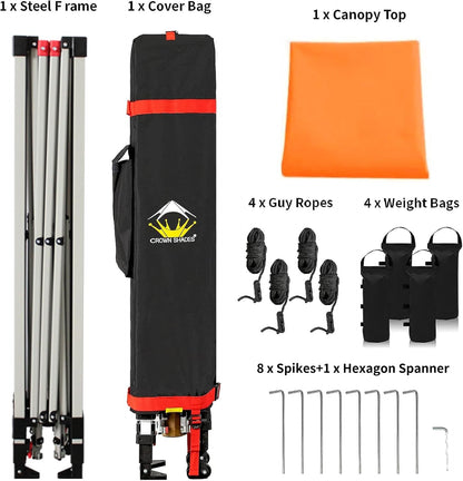 CROWN SHADES 10x10 Pop Up Canopy - Beach Tent with One Push Setup - Easy Outdoor Sun Shade for Events, Parties, Camping - Gazebo with STO-N-Go Cover Bag, Silver Coated Top, Orange