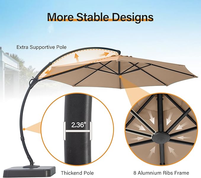 LAUSAINT HOME Sunbrella Outdoor Patio Umbrella with Base Included, 12 FT Deluxe Curvy Cantilever Umbrella Offset Hanging Umbrella with 360° Rotation for Market, Pool, Deck, Garden, Backyard