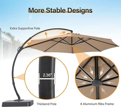 LAUSAINT HOME Sunbrella Outdoor Patio Umbrella with Base Included, 12 FT Deluxe Curvy Cantilever Umbrella Offset Hanging Umbrella with 360° Rotation for Market, Pool, Deck, Garden, Backyard