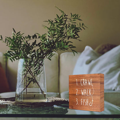 Brown Country Crawl Walk Fish Rustic Wooden Sign Desk Decor,Funny Baby Fishing Wood Block Sign Desk Decorations for Home Bedroom Baby Room Shelf Table Decor