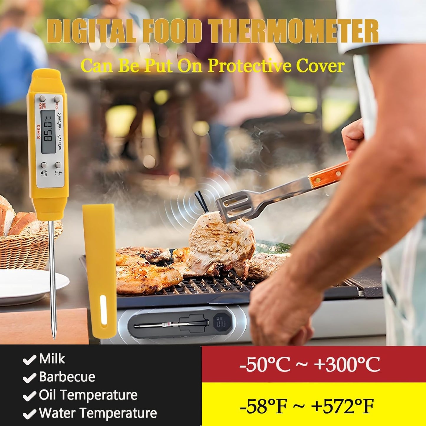 Meat Thermometer - Digital Food Thermometer for Cooking Kitchen - Automatic Calibration Pen Style Electronic Pocket Thermometer for Water Temperature, Barbecue (Yellow)