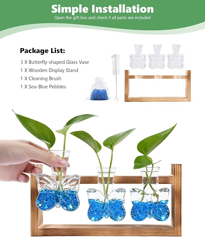 Nacome Butterfly Vase Propagation Stations: Glass Plant Terrarium with Wooden Stand for Home Office Desk Decor, Unique Gifts for Plant Lovers Women Mom
