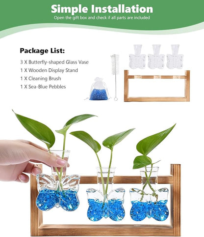 Nacome Butterfly Vase Propagation Stations: Glass Plant Terrarium with Wooden Stand for Home Office Desk Decor, Unique Gifts for Plant Lovers Women Mom