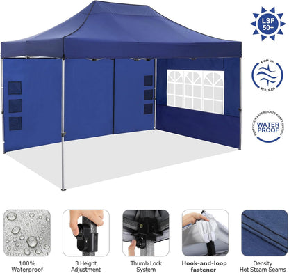 COBIZI 10x15 Pop up Canopy Tent Heavy Duty with 4 Sidewalls, Easy Set-up Commercial Outdoor Party Tent, 100% Waterproof Wedding Canopy Gazebo, 3 Height Adjustable with Handbag, Dark Blue