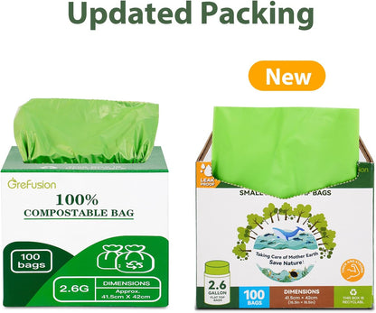 2.6 Gallon Compostable Trash Bags, 100 Count, Extra Thick 0.71 Mil, Certified by BPI and ASTM D6400, Perfect Fit for Small Trash Cans