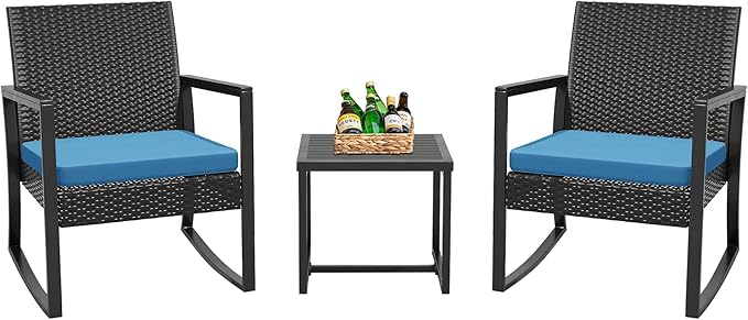 WWR 3 Pieces Outdoor Patio Furniture Set Rocking Wicker Rattan Chair Set Patio Bistro Conversation Set 3 Pcs with Coffee Table for Yard & Bistro (Blue)