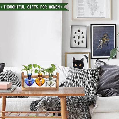 Plant Terrarium Propagation Stations Faith Hope Love Hydroponics Home Garden Decoration Gift for Women with Wooden Stand Heart Shaped Colored Glass Vase