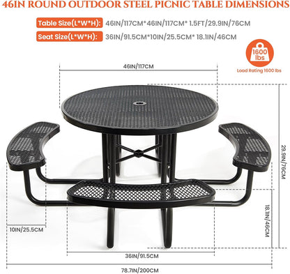 Heavy-Duty Park Bench or Table for Outside - Black Coated Outdoor Furniture Steel Bench, Commercial-Grade Outdoor Benches Weatherproof for Park, Patio, Porch (Black, 46” (Rd. Table))