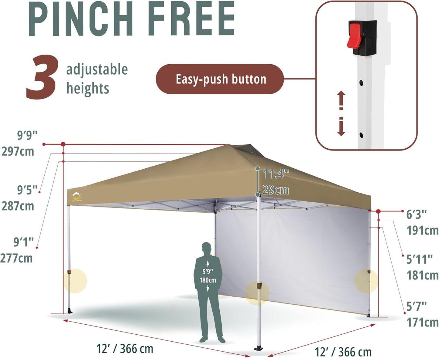 CROWN SHADES 12x12 Pop Up Canopy Tent Instant Commercial with 150D Silver Coated Fabric Including 1 Removable Sidewall, 4 Ropes, 8 Stakes, Weight Bags, STO 'N Go Bag, Beige