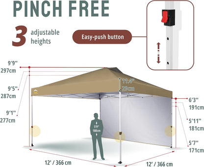 CROWN SHADES 12x12 Pop Up Canopy Tent Instant Commercial with 150D Silver Coated Fabric Including 1 Removable Sidewall, 4 Ropes, 8 Stakes, Weight Bags, STO 'N Go Bag, Beige